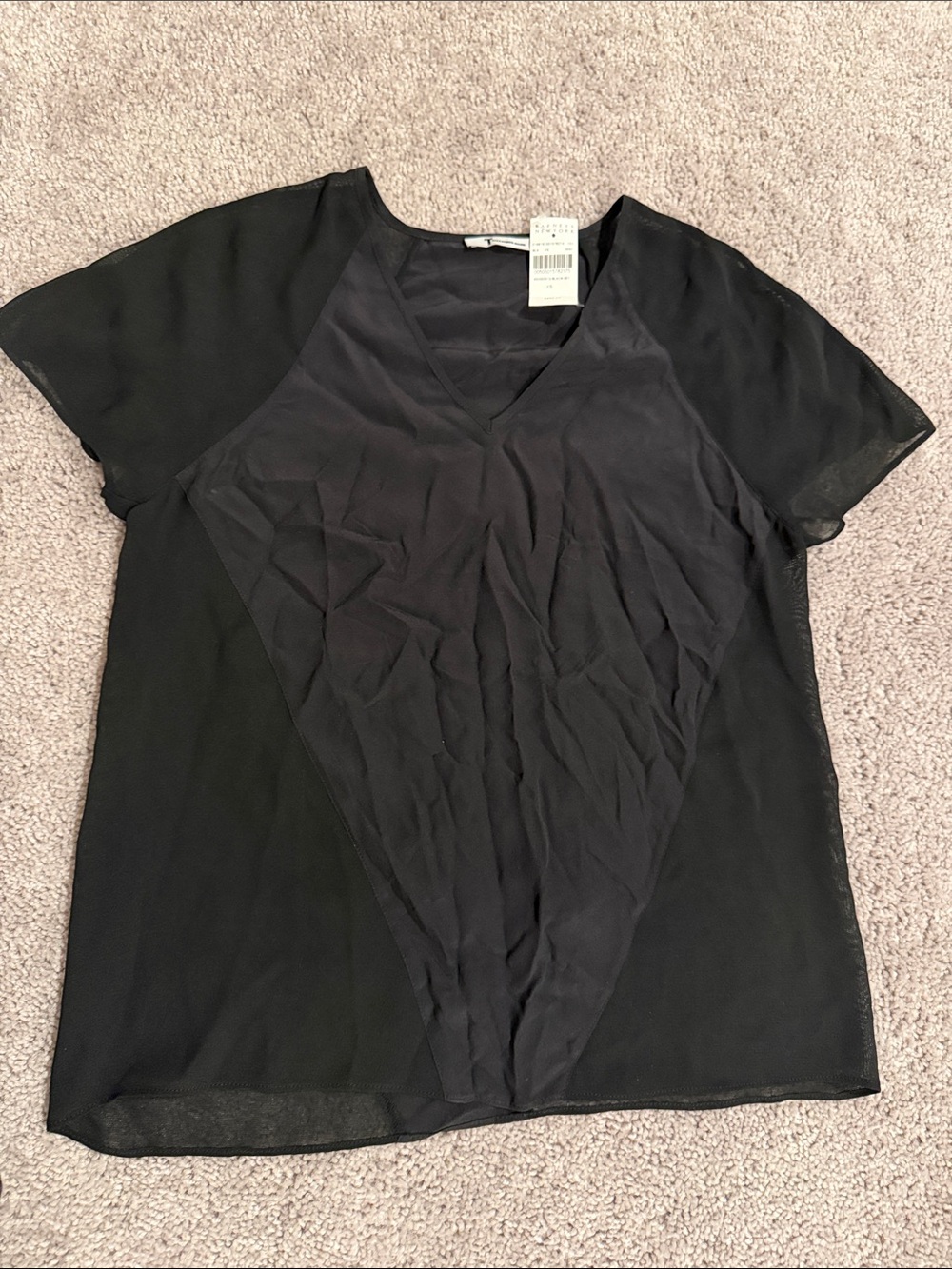 T by Alexander Wang Black V-Neck Short Sleeve silk & sheer Blouse Sz XS